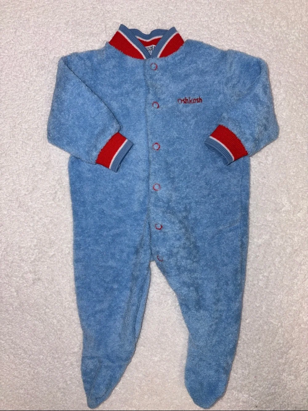 OshKosh B'gosh vintage Light Blue terry cloth Footed Red Trim sleeper 0/3m